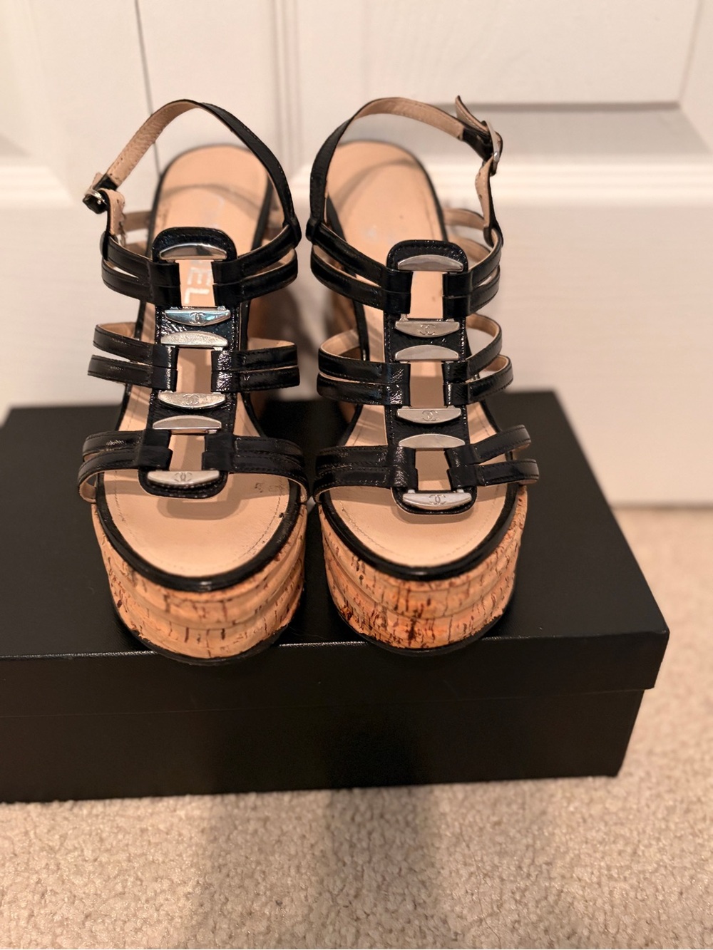 Authentic CHANEL Patent Black Cork Platform Strappy Sandals size 36.5.